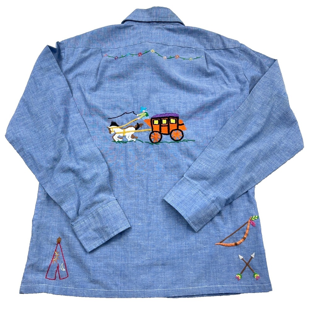 Vintage JCPenny Shirt Men Medium Blue Chambray Button Up Embroidered 70s 80s *